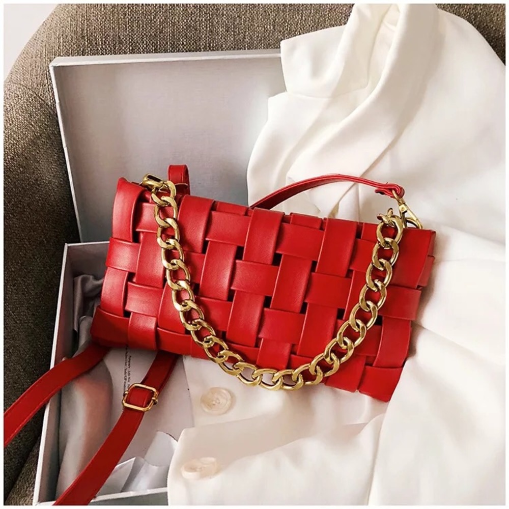 New Red Weave Vegan Leather Shoulder Purse Bag